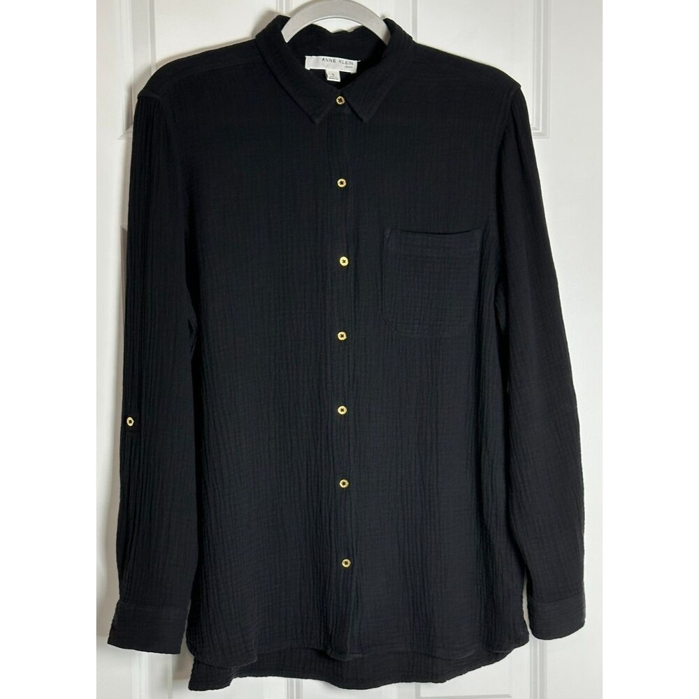 Anne Klein Shirt Women's Size S Black Gauze Cotton Coastal Top Beachy Neutral